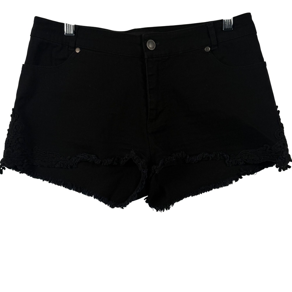 Ambiance Apparel L Cut Off Denim Shorts Black Lace Crochet Trim Boho Festival
